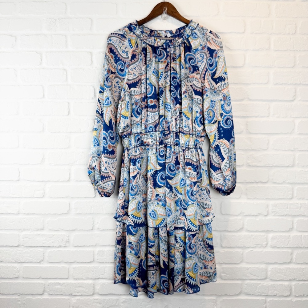 Yakira Bella Skye Dres Blue Paisley Ruffle skirt elastic waist and cuffs L